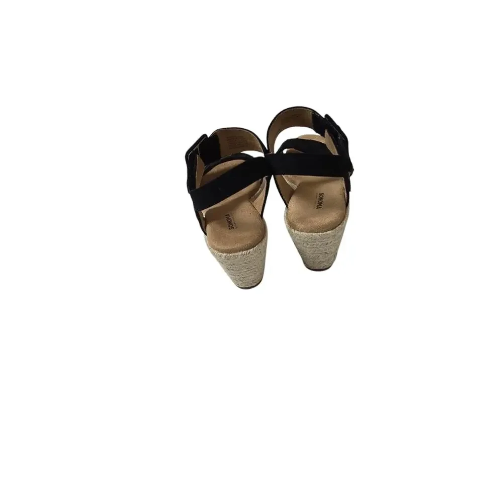 Black Suede Espadrille Wedge Sandals Size 6 Ankle Strap Memory Foam Open Toe